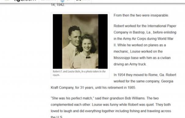 Captura de pantalla del Atlanta Constitution Journal, que recoge la noticia de los dos ancianos que fallecieron el mismo días tras 72 años casados