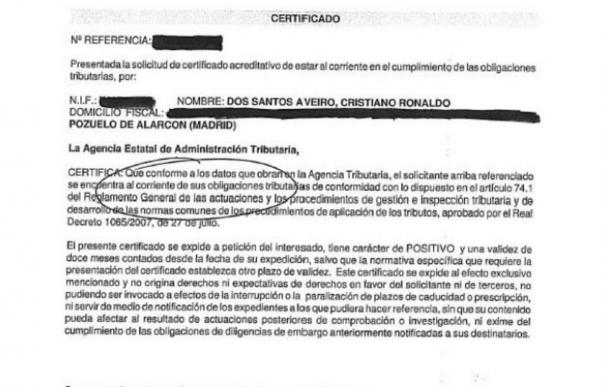 Gestifute presenta un documento de Hacienda que dice que Cristiano Ronaldo está "al corriente de pago"