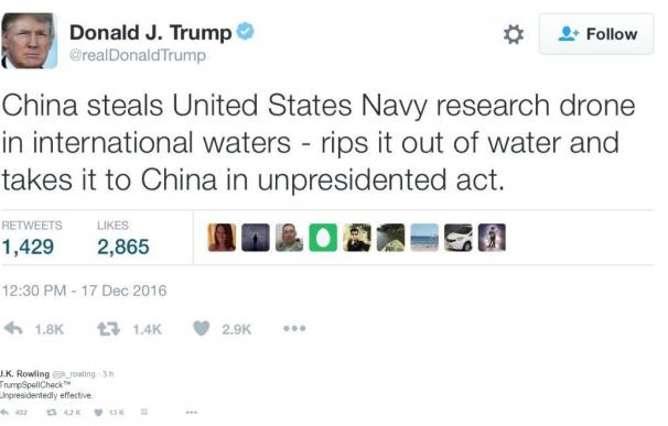 "Sin presidente por sin precedentes", la errata de Trump en un tuit sobre China