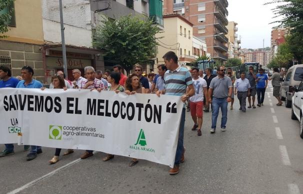 Medio millar de personas protestan en Fraga (Huesca) por los bajos precios de la fruta dulce