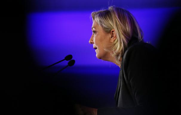 French Marine Le Pen delivers a speech during a me