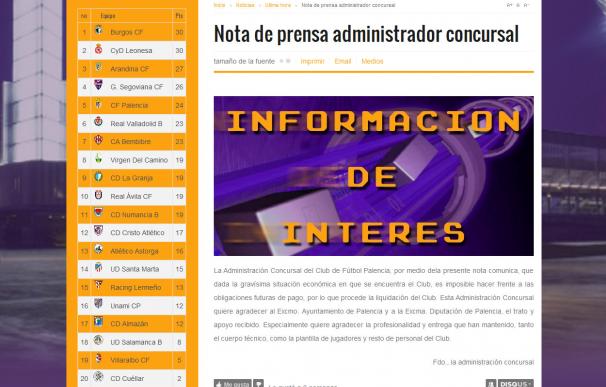 Así anuncia el CF Palencia en su web la liquidación del club