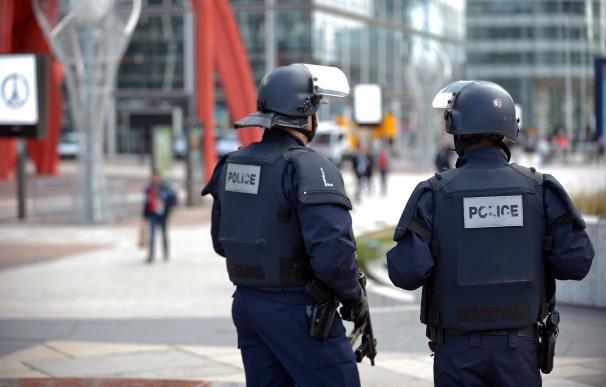 Police patrol at Paris La Defense business distric