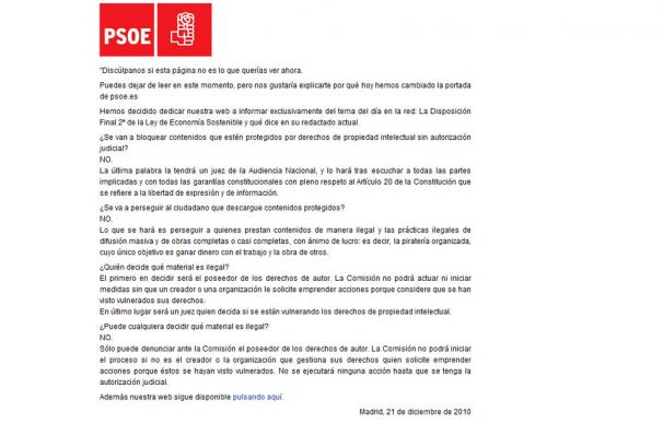 La web del PSOE intenta contrarrestar las críticas a la Ley Sinde