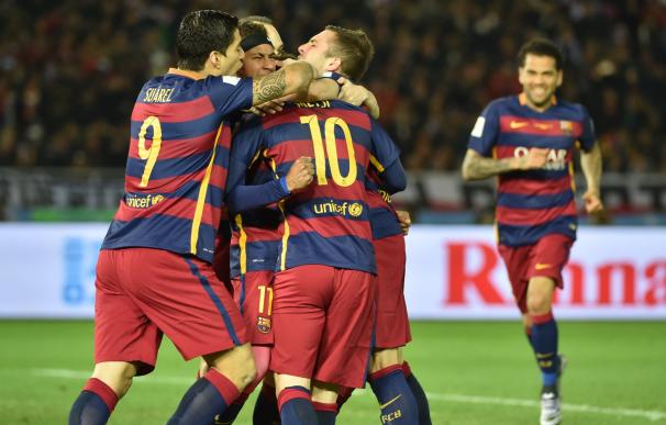 Barcelona forward Lionel Messi (#10) celebrates wi
