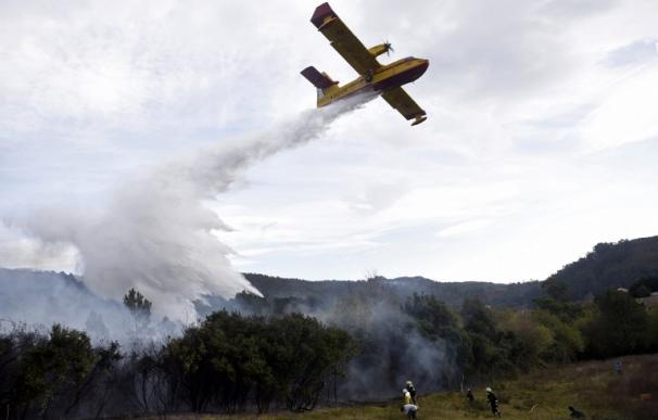 Un hidroavión lanza agua sobre un incendio forestal cerca de la norteña ciudad vasca de Berango