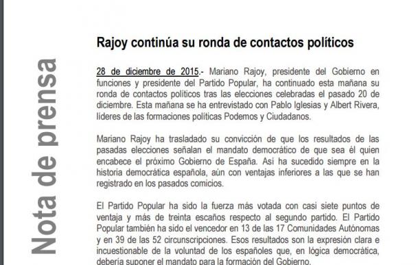 Comunicado de prensa de Moncloa sobre las negociaciones con Ciudadanos y Podemos