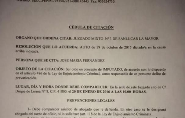 Cédula por la que se cita al alcalde de Espartinas (Sevilla)