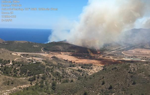 Efectivos del Infomur trabajan en incendio forestal provocado junto a al Cala del Gorguel (Cartagena)