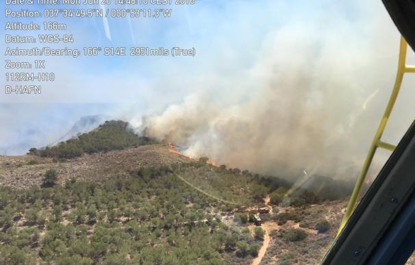 Medios aéreos y terrestres trabajan en el incendio forestal junto a la Cala del Gorguel (Cartagena)