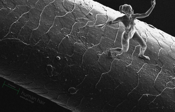 El tamaño de una nanoescultura comparada con un pelo humano
