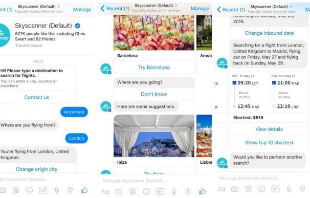 Skyscanner lanza un bot para buscar viajes en Facebook Messenger