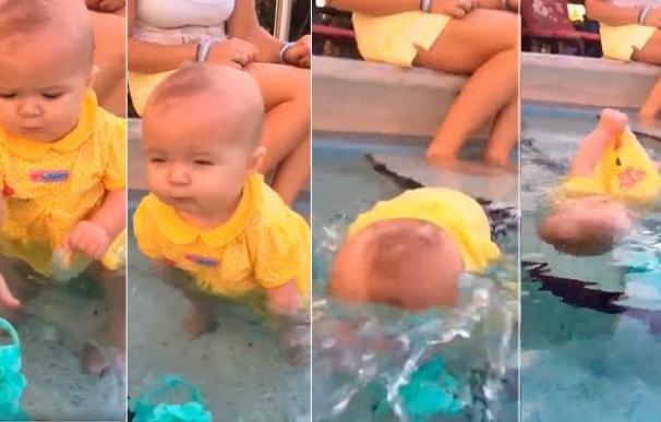 Momentos del vídeo en los que el bebé cae de cabeza a una piscina