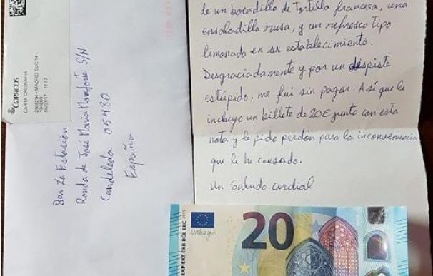 Se olvida de pagar la cuenta en un bar de Ávila y envía por carta un billete de 20 euros