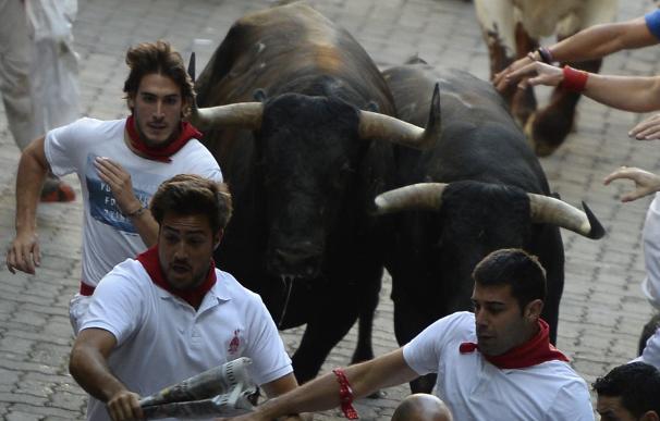Los mozos corren delante de los toros este pasado domingo en el sexto encierro de San Fermín