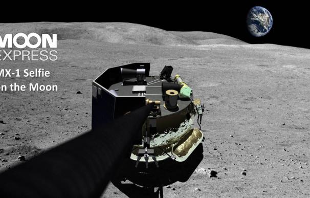 Imagen conceptual de la nave MX-1 de Moon Express haciendo un selfie desde la superficie de la Luna. (Moon Express)