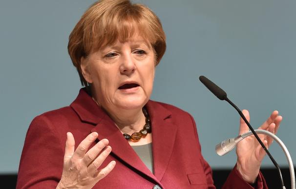 German Chancellor Angela Merkel gives a speech dur