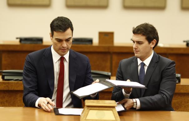 Sánchez y Rivera sellan su acuerdo ante la foto de los siete 'padres' de la Constitución