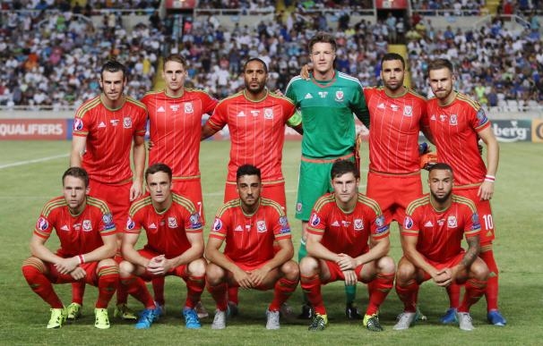 Wales' players pose for a group picture ahead of t