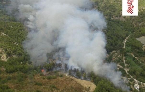 Siete medios aéreos y efectivos terrestres trabajan en un incendio en Castell de Guadalest