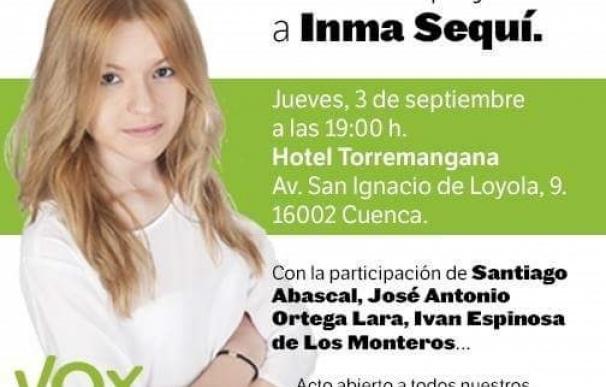 Los líderes nacionales de Vox arroparán este jueves en Cuenca a Inma Sequí, agredida la pasada semana
