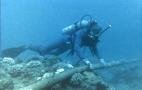 Submarinista revisando un cable de datos submarino