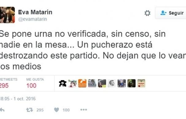 Eva Matarín denuncia en Twitter las urnas puestas por Sánchez: "Un pucherazo está destrozando este partido"