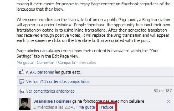Facebook activa un botón de traducción de comentarios