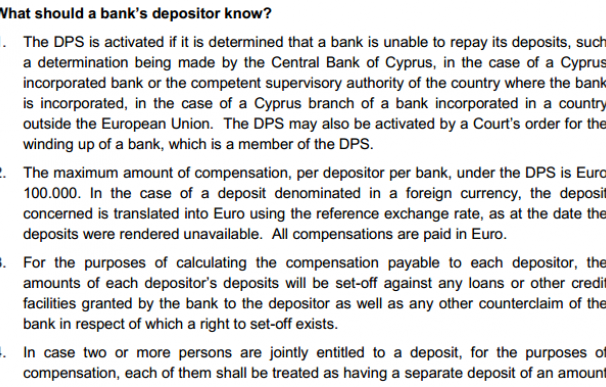 Extracto del documento de Cláusula de Protección de Depósitos del Banco Popular (Laiki) de Chipre.