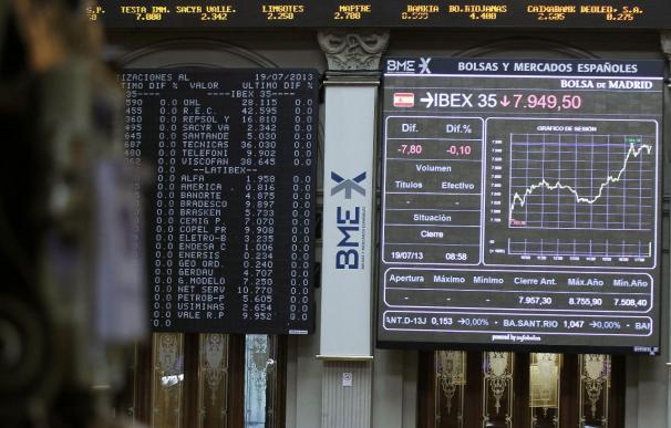 Panel informativo en el parqué madrileño que muestra la cotización del príncipal índice de la bolsa española, el IBEX 35.