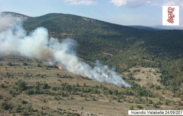 Cinco medios aéreos y 60 bomberos trabajan en la extinción de una zona de matorral cerca del Penyagolosa