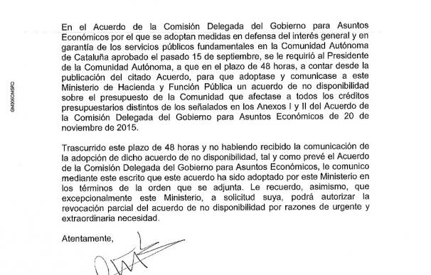 Hacienda detalla por carta a la Generalitat su no disponibilidad de crédito