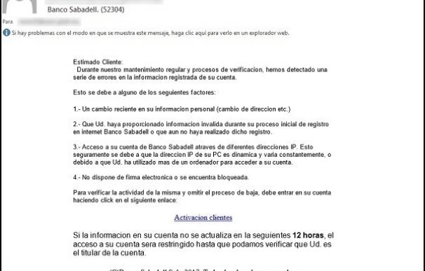 (Amp.) El Incibe alerta de una nueva campaña de phishing que intenta suplantar al Banco Sabadell