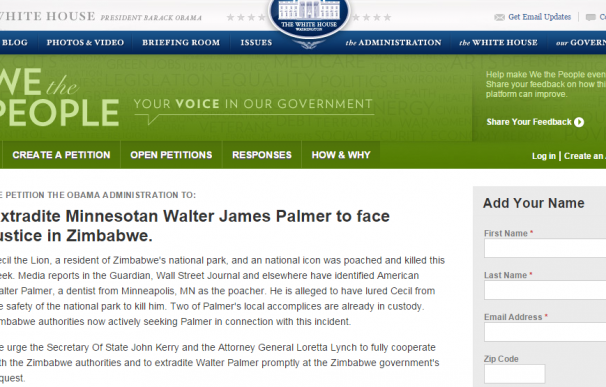 Petición en la página web de la Casa Blanca para pedir la extradición del Walter Palmer, el cazador que mató al león Cecil