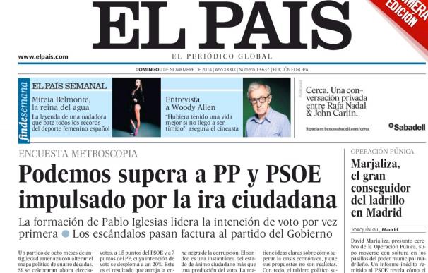 Extracto de la portada del diario El País del domingo 2 de noviembre
