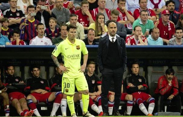 Guardiola y Messi en el enfrentamiento Bayern - Barcelona.