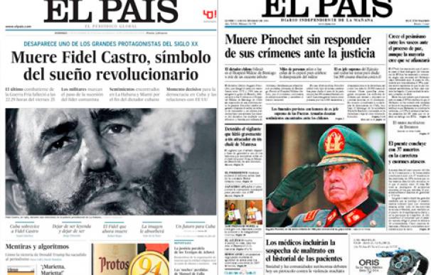 Portada de El País tras la muerte de Fidel Castro en 2016 y de Augusto Pinochet en 2006.
