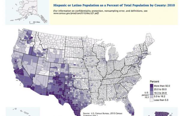 Porcentaje de población hispana por condados en Estados Unidos, según el censo de este país.