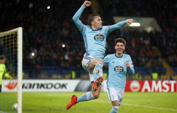Iago Aspas celebra su gol en el Shakhtar - Celta de Europa League. (EFE)