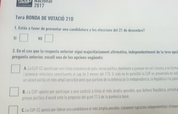 La asamblea de la CUP decide concurrir a las elecciones "ilegítimas" del 21-D