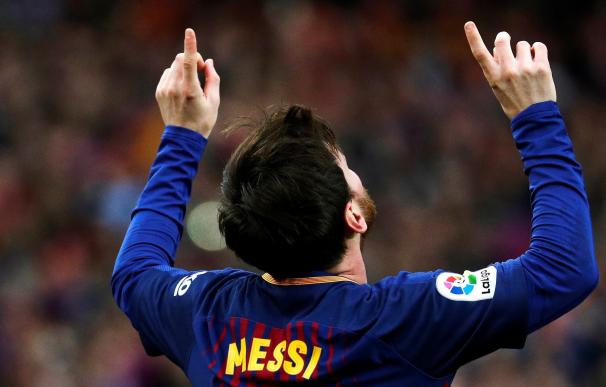 El delantero argentino del FC Barcelona Lionel Messi celebra un gol ante el Atlético de Madrid en la vigésimo séptima jornada de Liga.EFE/Alejandro García