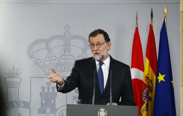 El presidente del Gobierno, Mariano Rajoy, durante la rueda de prensa conjunta que ha ofrecido en el Palacio de la Moncloa, junto al primer ministro turco, Binali Yildirim, con motivo de la VI Reunión de Alto Nivel hispano-turca, en la que abordarán las