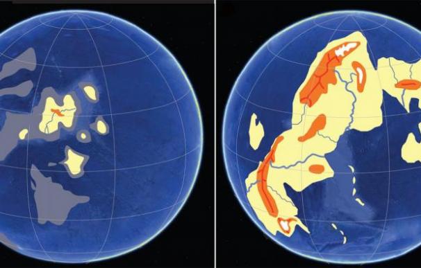 Primeras elevaciones terrestres con el origen del supercontinente Kenorland (izquierea) y después de la Gran Oxidación (derecha) | imagen: Ilya Bindeman.