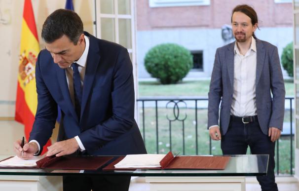 Sánchez e Iglesias durante la firma en la Moncloa del acuerdo sobre el proyecto de ley de presupuestos