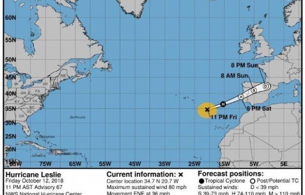 El ciclón tropical Leslie muy probablemente tocará tierra cerca de Lisboa y se desplazará por el interior de la península hacia el nordeste. EFE/AEMET Canarias