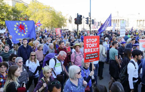 Los manifestantes reclaman otro referéndum sobre el brexit en Trafalgar Square, Londres, el 20 de octubre de 2018. (EFE/EPA/VICKIE FLORES)