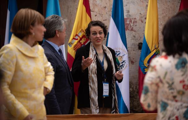 Magdalena Valerio Cordero, ministra de Trabajo, Migraciones y Seguridad Social de España, habla en la apertura de la "X Conferencia Iberoamericana de Ministros de Trabajo, Empleo y Seguridad Social" en Antigua (Guatemala). EFE