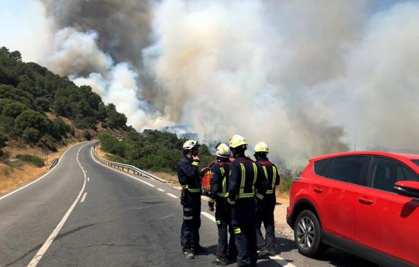 Un total de 348 profesionales tratan de controlar el incendio que afecta a los municipios madrileños de Cadalso de los Vidrios y Cenicientos. /EFE/Emergencias 112