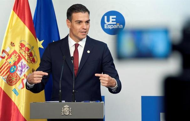 Fotografía de Pedro Sánchez durante la rueda de prensa tras la reunión en la Comisión Europea