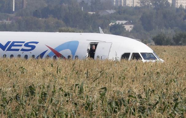 El A-321 de Ural Airlines en el lugar de su aterrizaje de emergencia en un campo de maíz en la región de Moscú. /EFE/EPA/SERGEI ILNITSKY